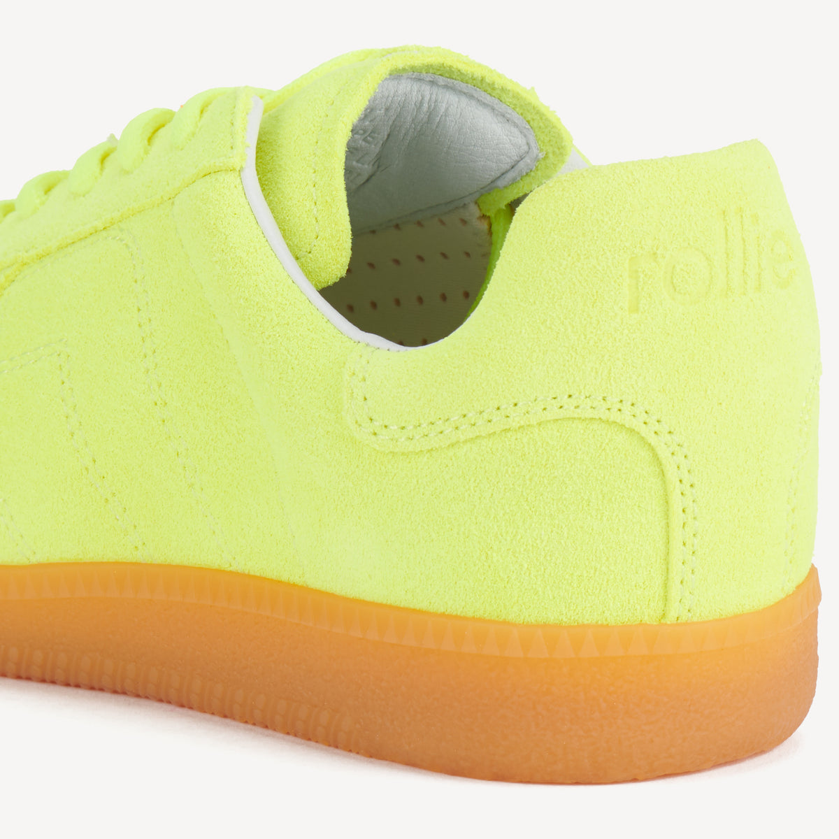 Rollie Pace Neon Yellow — women's sneaker, heel and back view