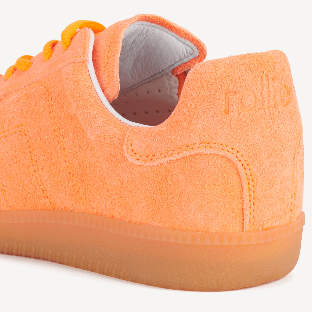 Rollie Pace Neon Orange — women's sneaker, heel and back view