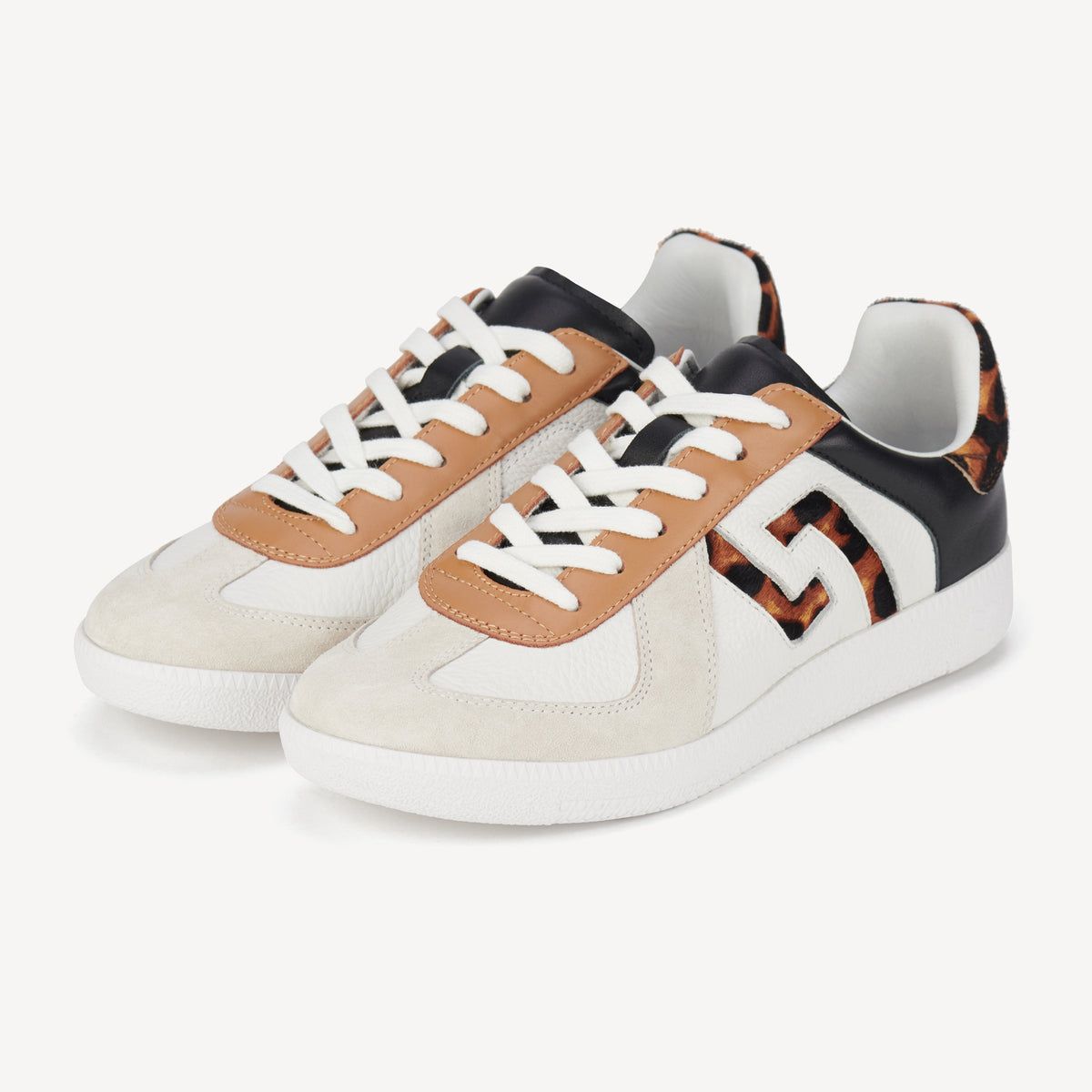 Rollie Pace White/Dark Camel Leopard — white leather sneaker, leopard-print heel, detail view
