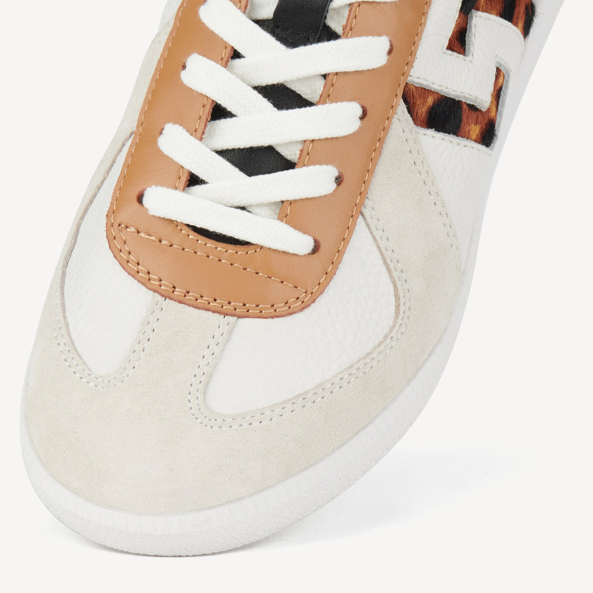 Rollie Pace White/Dark Camel Leopard — white leather sneaker, leopard-print heel, styled campaign shot
