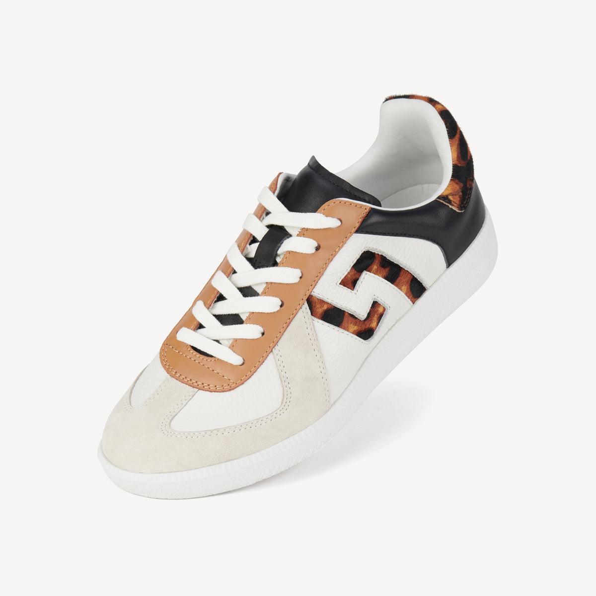 Rollie Pace White/Dark Camel Leopard — white leather sneaker, leopard-print heel, styled lifestyle shot