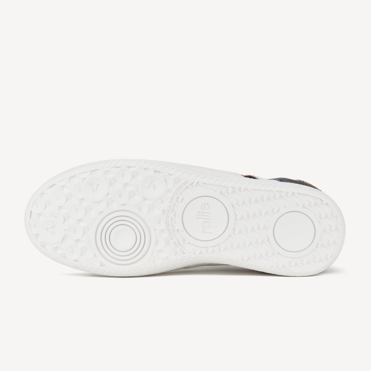 Rollie Pace White/Dark Camel Leopard — white leather sneaker, leopard-print heel, worn and styled on-foot