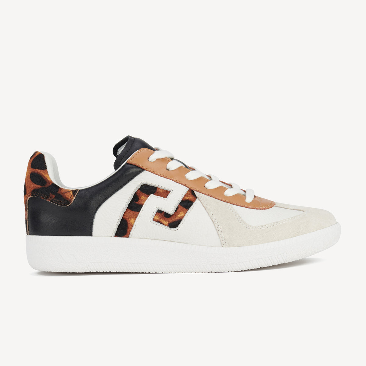 Rollie Pace White/Dark Camel Leopard — white leather sneaker, leopard-print heel, side profile