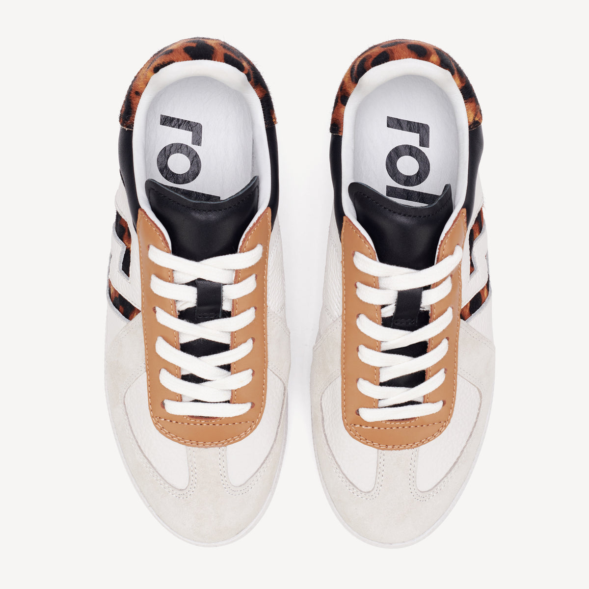 Rollie Pace White/Dark Camel Leopard — white leather sneaker, leopard-print heel, top-down view
