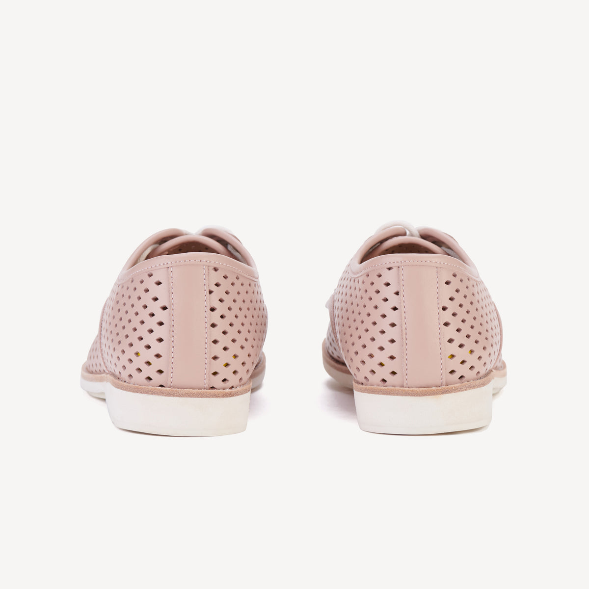 Rollie Derby Punch Chalk Pink — chalk-pink punch-detail leather lace-up shoe, heel and back view
