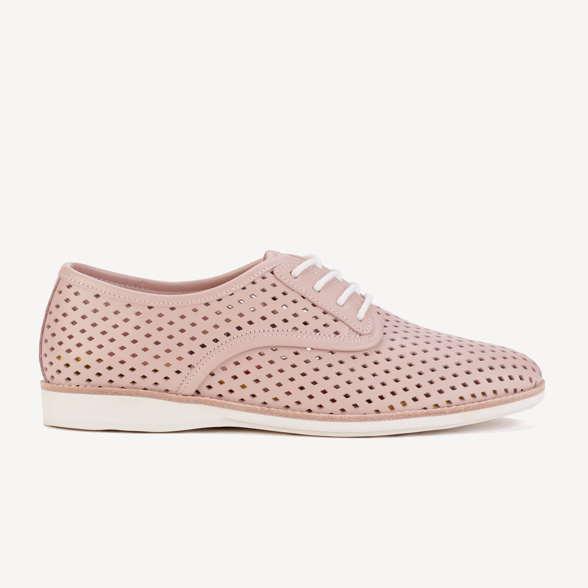 Rollie Derby Punch Chalk Pink — chalk-pink punch-detail leather lace-up shoe, side profile