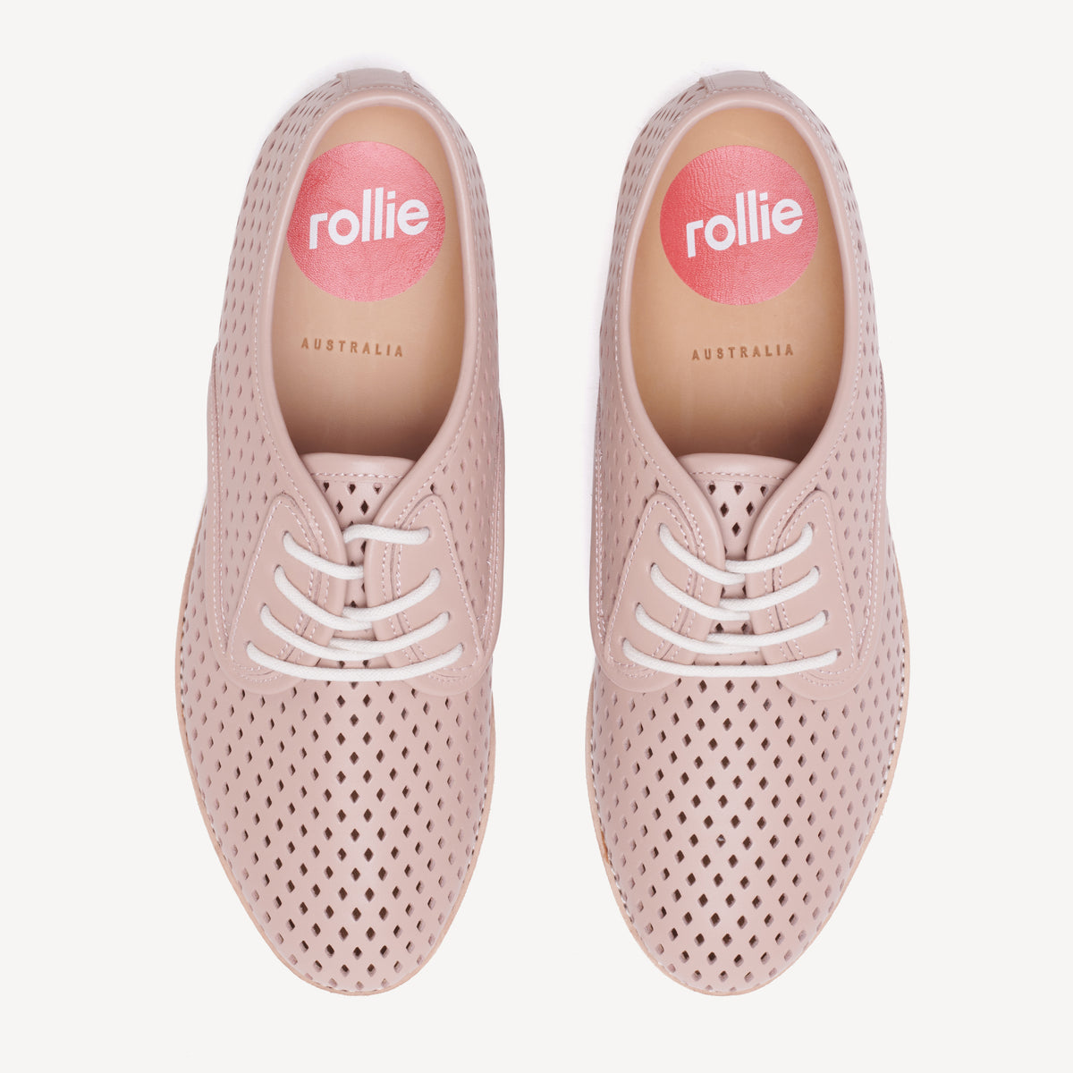 Rollie Derby Punch Chalk Pink — chalk-pink punch-detail leather lace-up shoe, top-down view