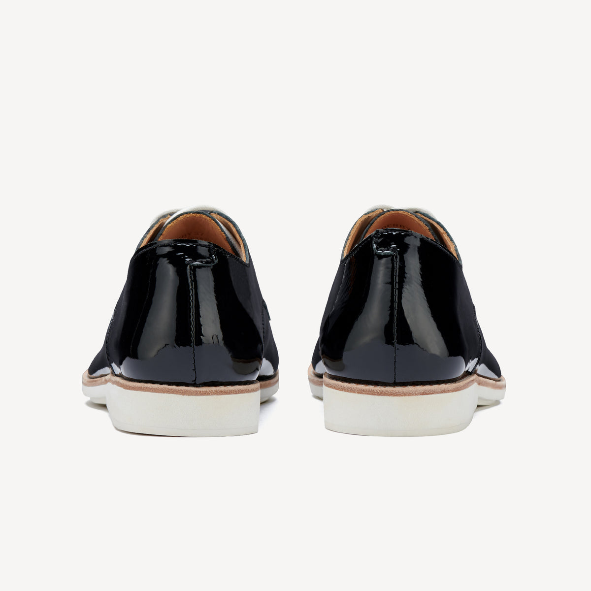 Rollie Derby Super Soft Black Patent Crinkle Leather — black patent-leather lace-up shoe, heel and back view