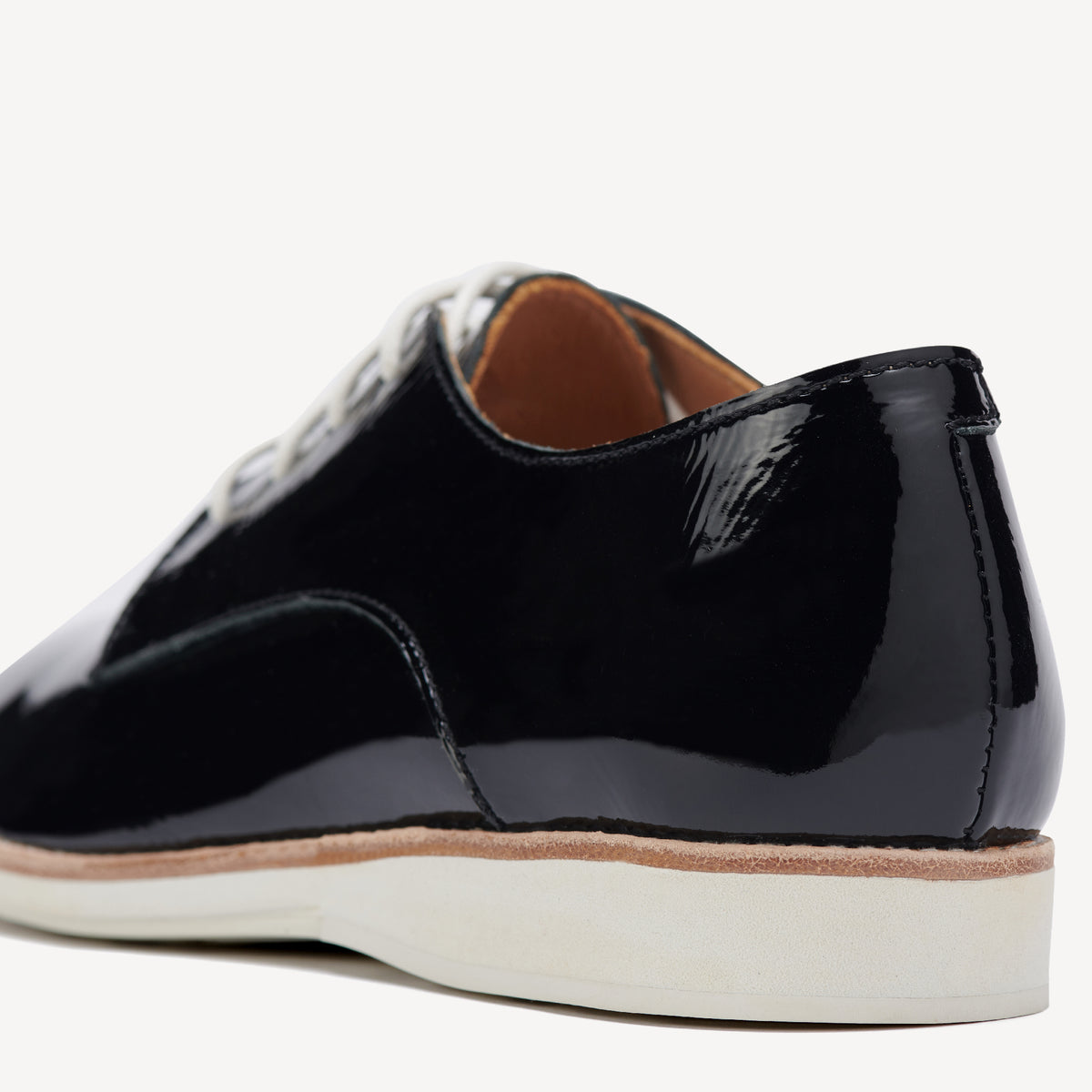 Rollie Derby Super Soft Black Patent Crinkle Leather — black patent-leather lace-up shoe, detail close-up