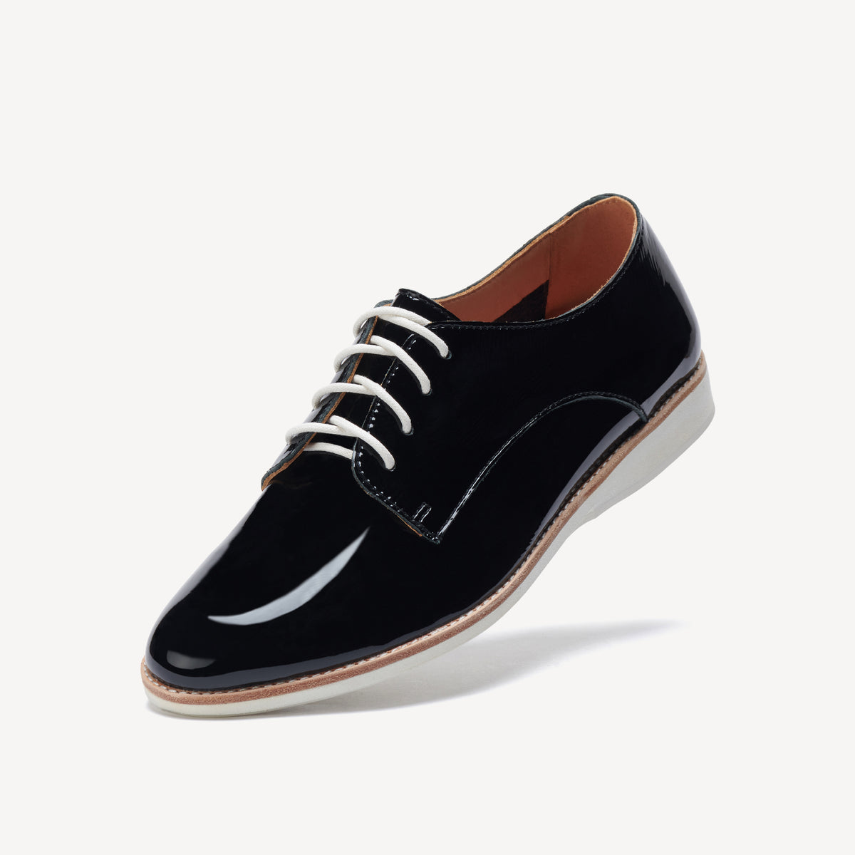 Rollie Derby Super Soft Black Patent Crinkle Leather — black patent-leather lace-up shoe, styled lifestyle shot