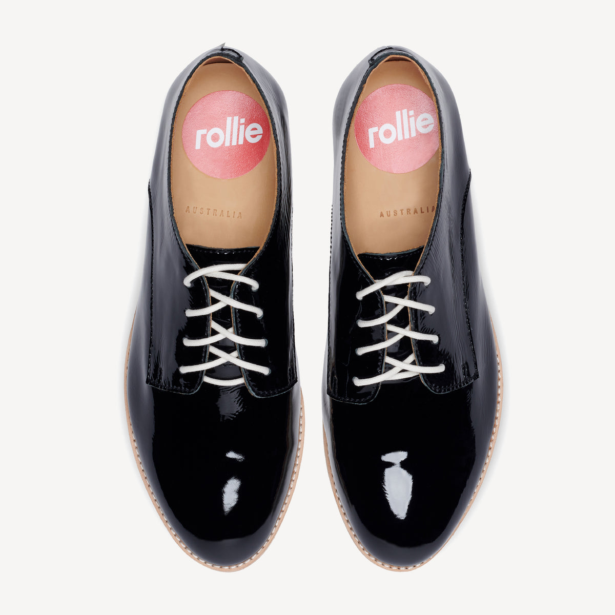 Rollie Derby Super Soft Black Patent Crinkle Leather — black patent-leather lace-up shoe, top-down view