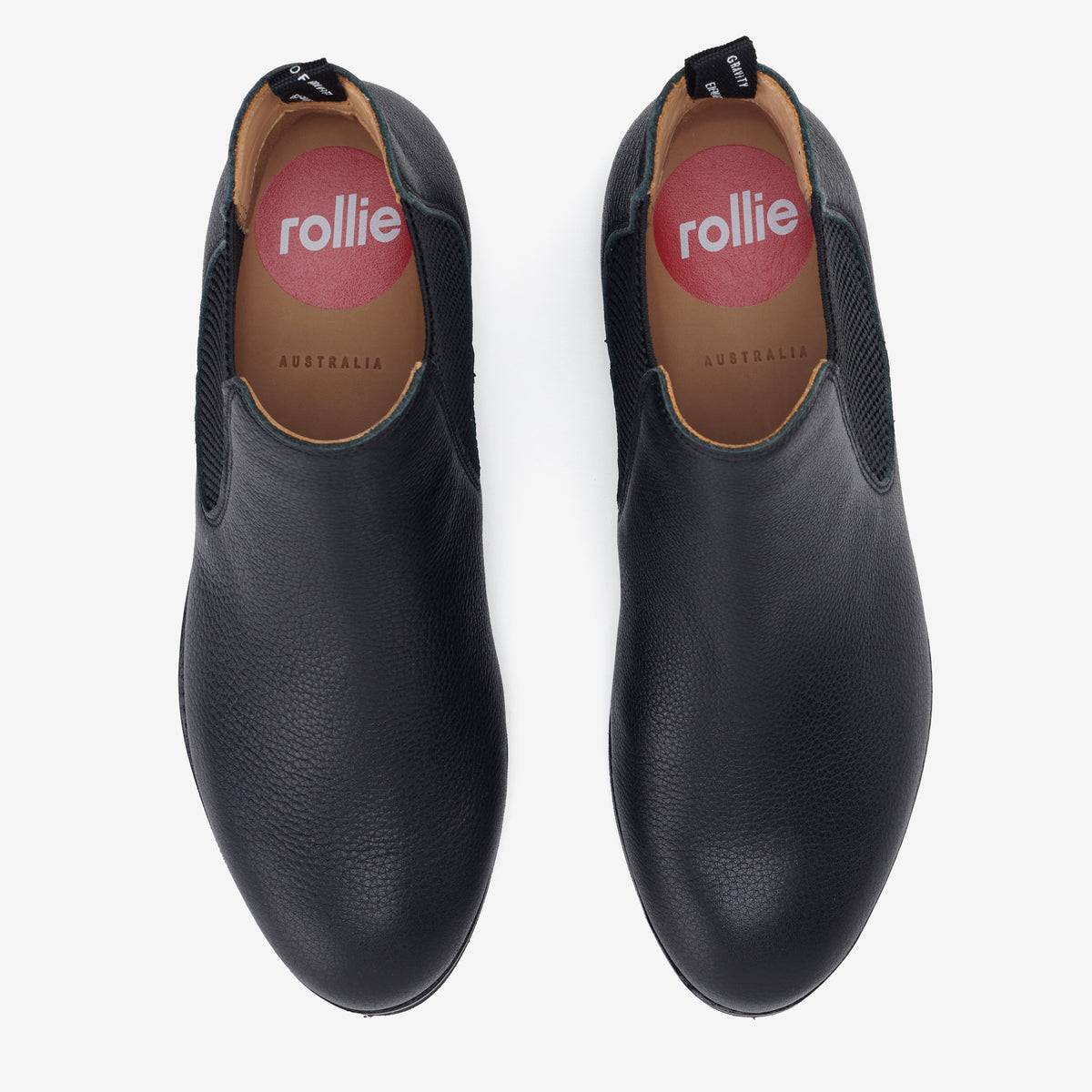 Rollie Chelsea All Black Tumble — all-black tumbled-leather Chelsea boot, top-down view