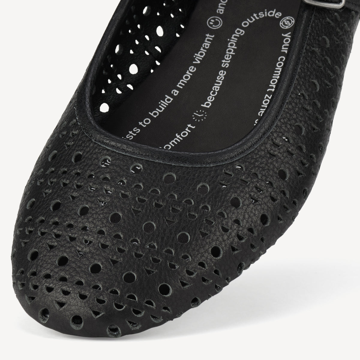 Rollie Ballet Mary Jane Laser Black — black laser-cut leather Mary Jane ballet flat, styled campaign shot