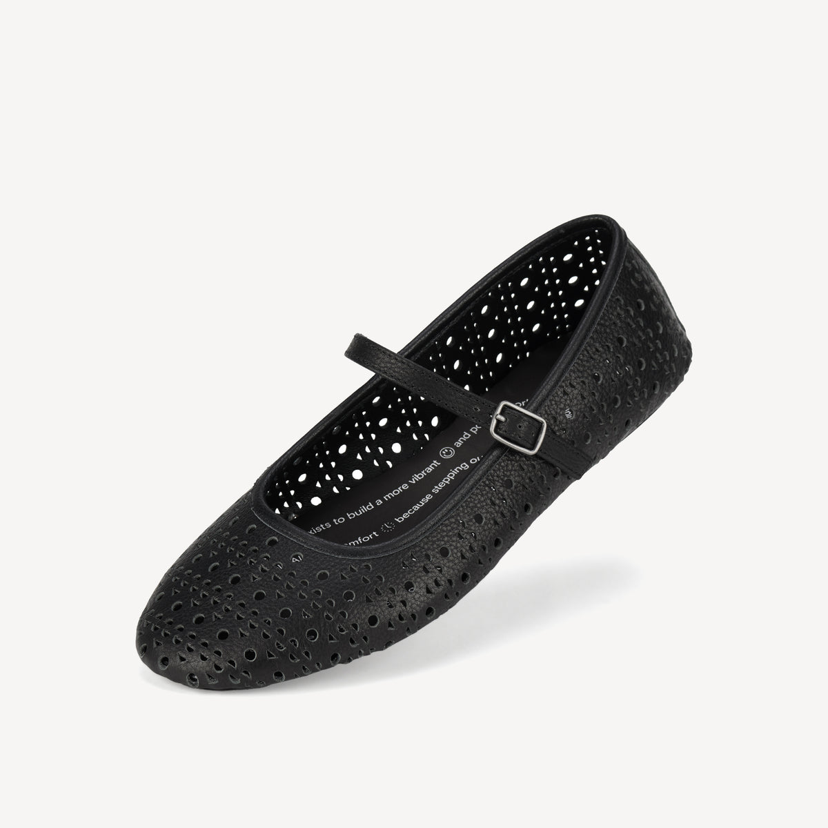 Rollie Ballet Mary Jane Laser Black — black laser-cut leather Mary Jane ballet flat, styled lifestyle shot