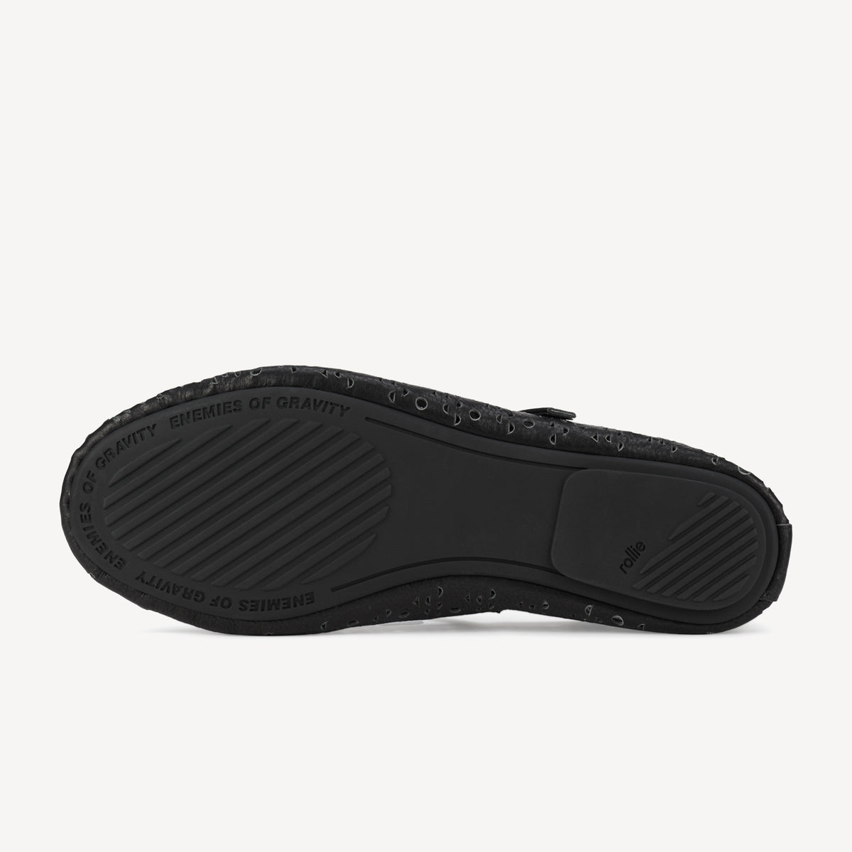 Rollie Ballet Mary Jane Laser Black — black laser-cut leather Mary Jane ballet flat, worn and styled on-foot