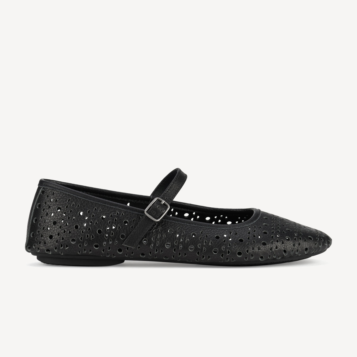 Rollie Ballet Mary Jane Laser Black — black laser-cut leather Mary Jane ballet flat, side profile