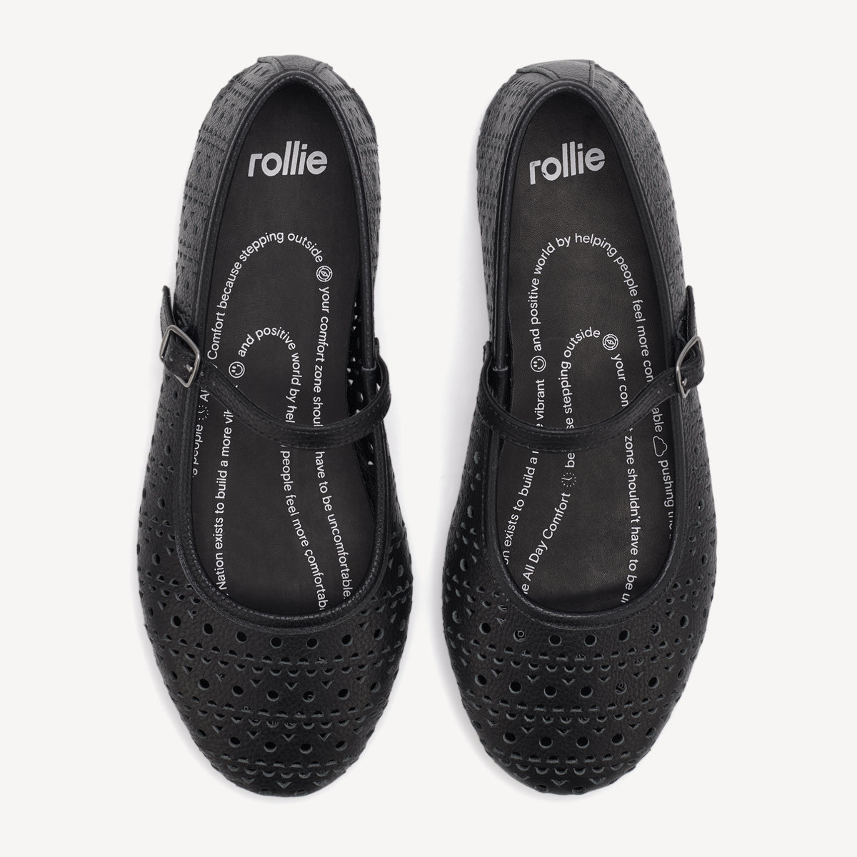 Rollie Ballet Mary Jane Laser Black — black laser-cut leather Mary Jane ballet flat, top-down view