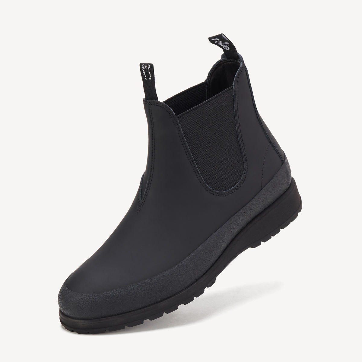Rollie Fields Chelsea Rubberised Black — black rubberised Chelsea boot, styled lifestyle shot