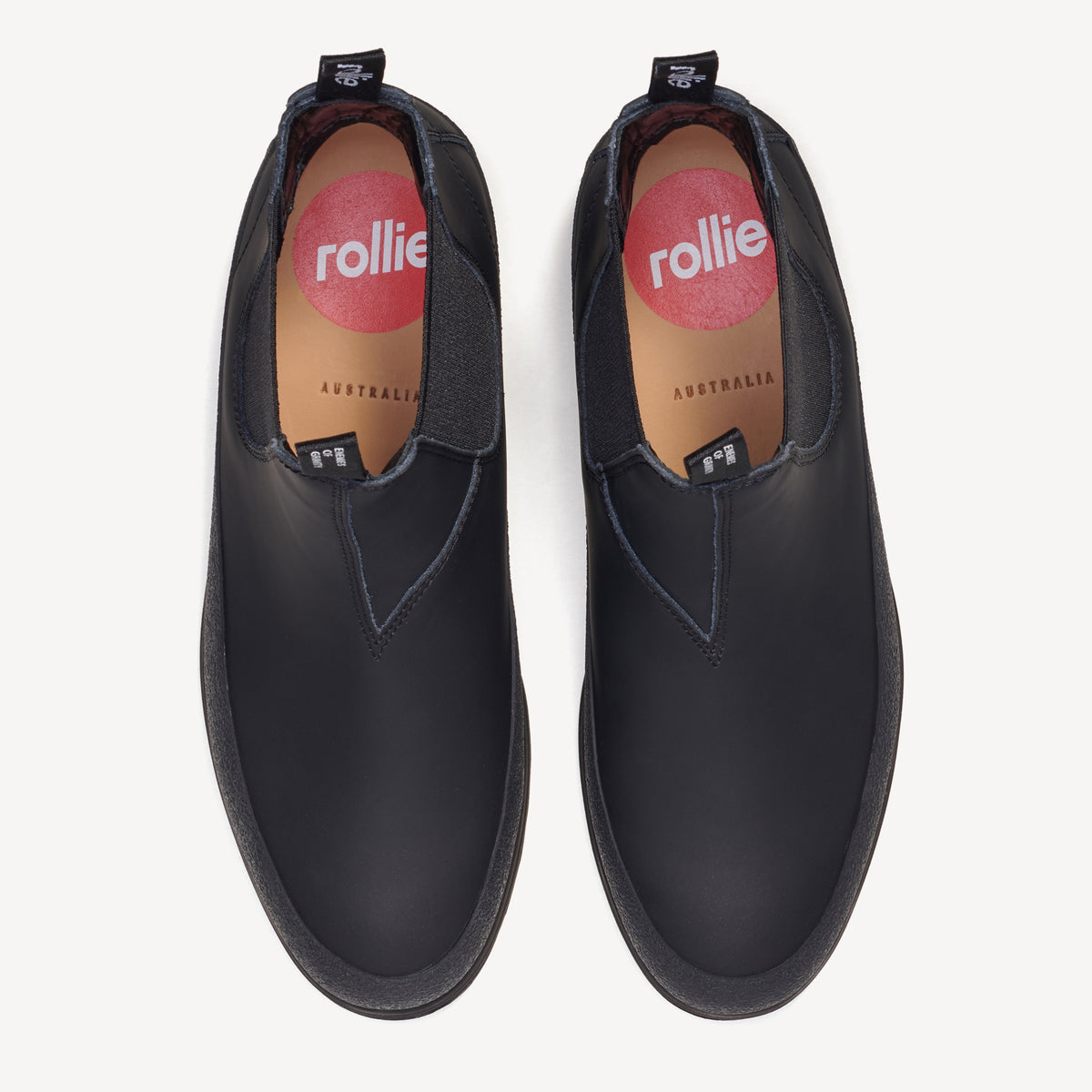 Rollie Fields Chelsea Rubberised Black — black rubberised Chelsea boot, top-down view