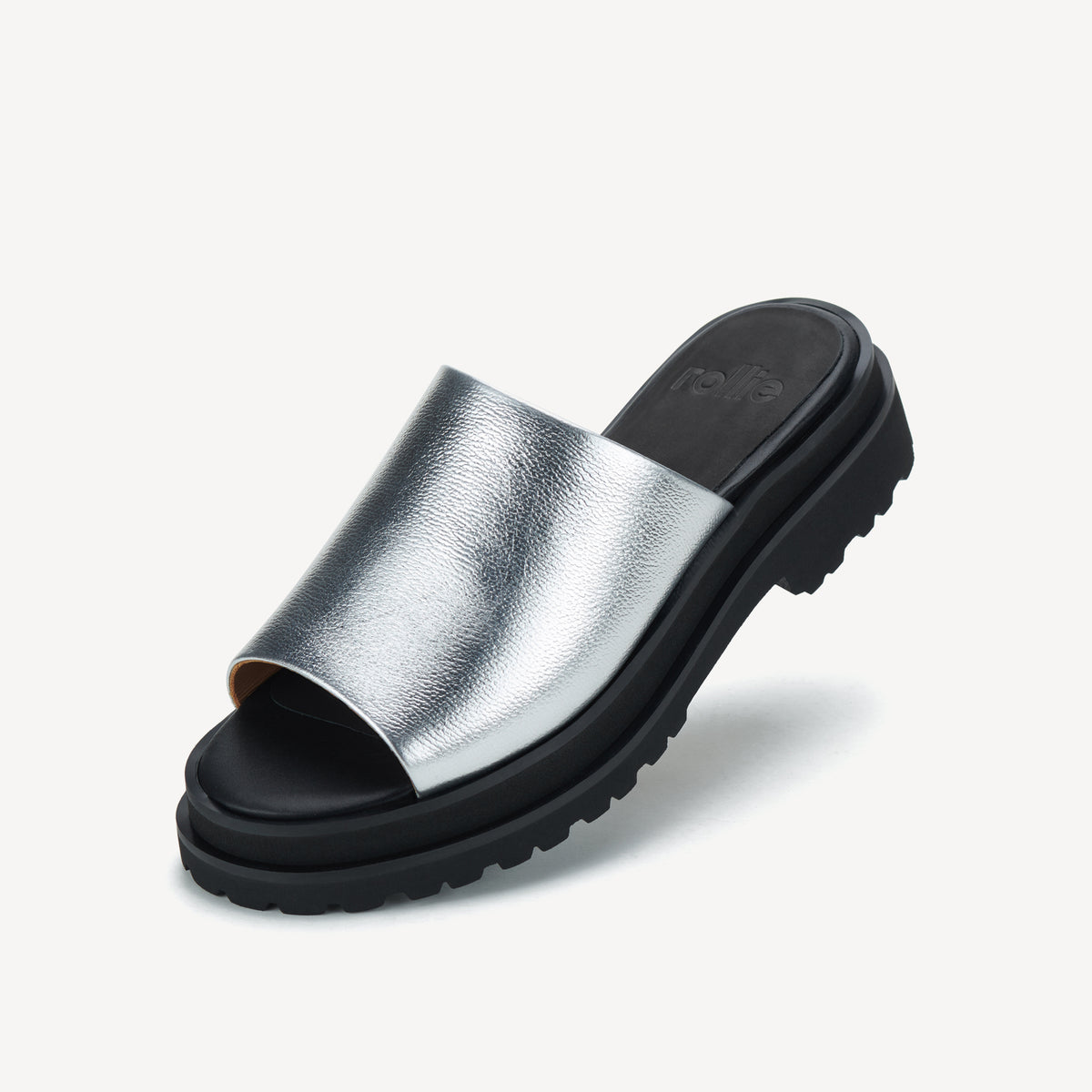Rollie Slide Step Silver/Black — women's sandal, top-down view