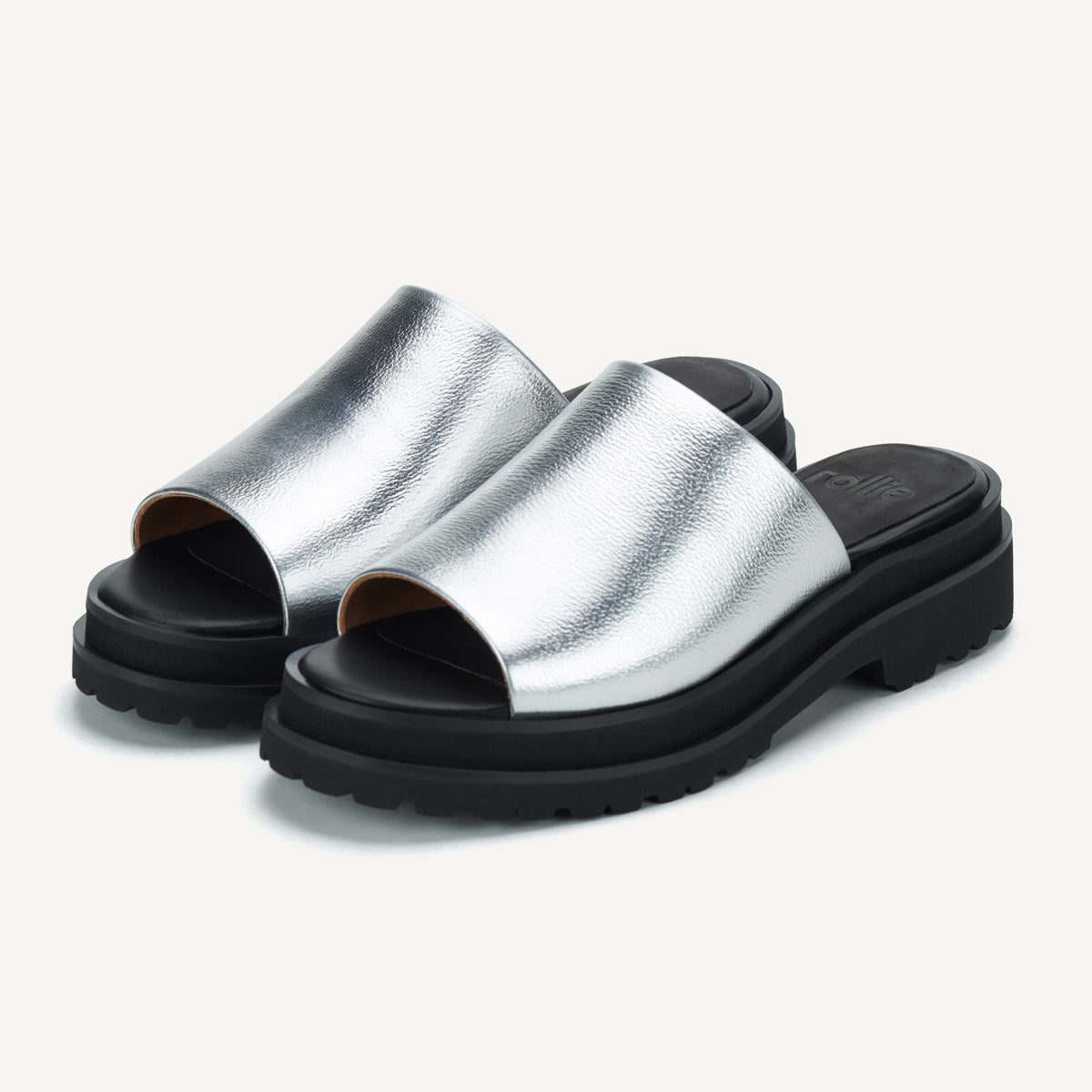 Rollie Slide Step Silver/Black — women's sandal, front view