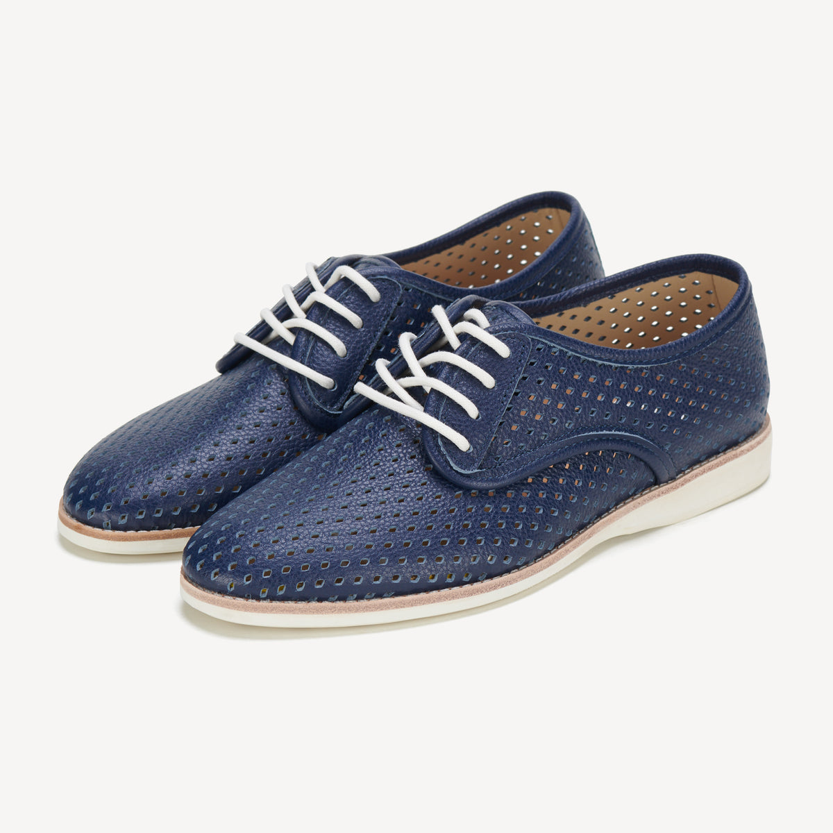 Rollie Derby Punch Navy Tumble — navy tumbled-leather punch-detail lace-up shoe, detail view