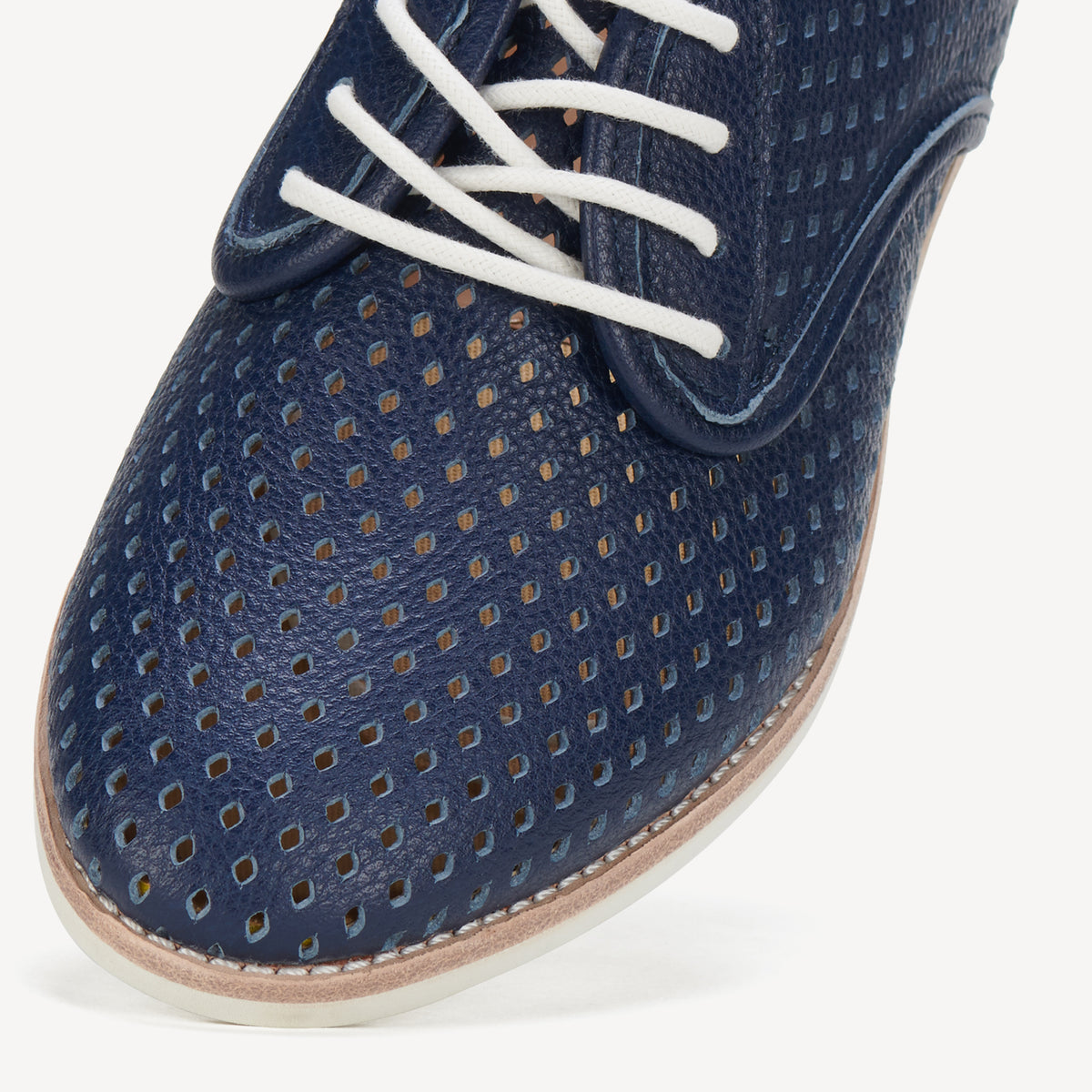 Rollie Derby Punch Navy Tumble — navy tumbled-leather punch-detail lace-up shoe, styled campaign shot