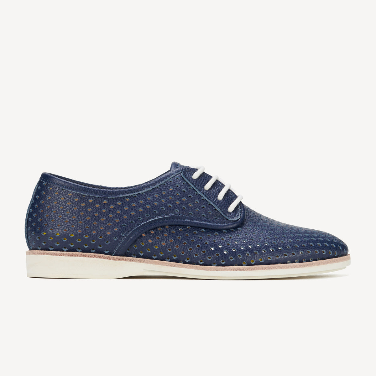 Rollie Derby Punch Navy Tumble — navy tumbled-leather punch-detail lace-up shoe, side profile