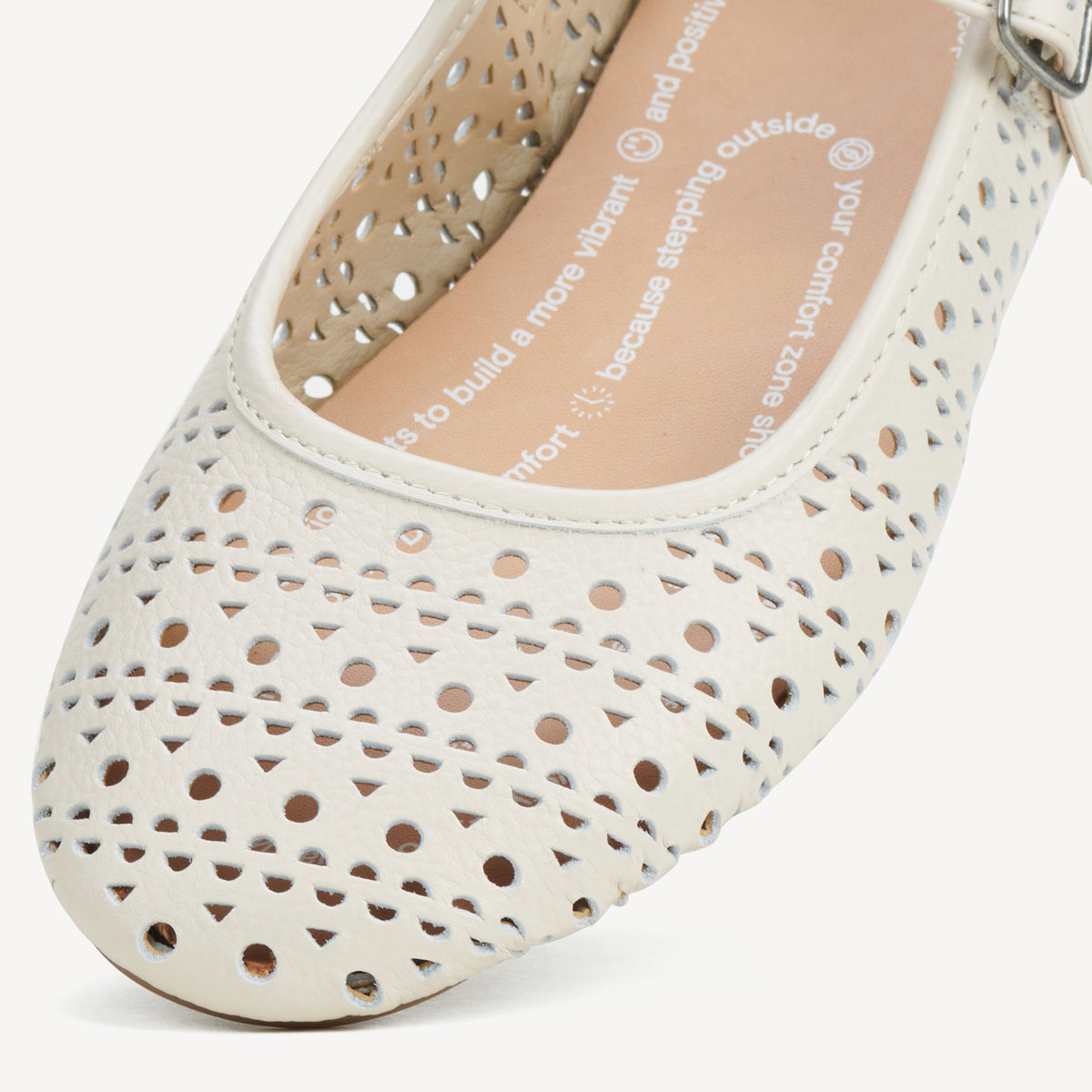 Rollie Ballet Mary Jane Laser Bone — bone laser-cut leather Mary Jane ballet flat, styled campaign shot