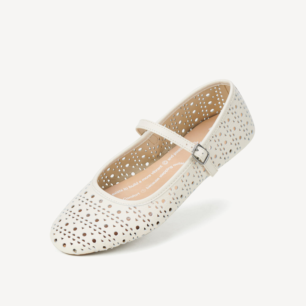 Rollie Ballet Mary Jane Laser Bone — bone laser-cut leather Mary Jane ballet flat, styled lifestyle shot