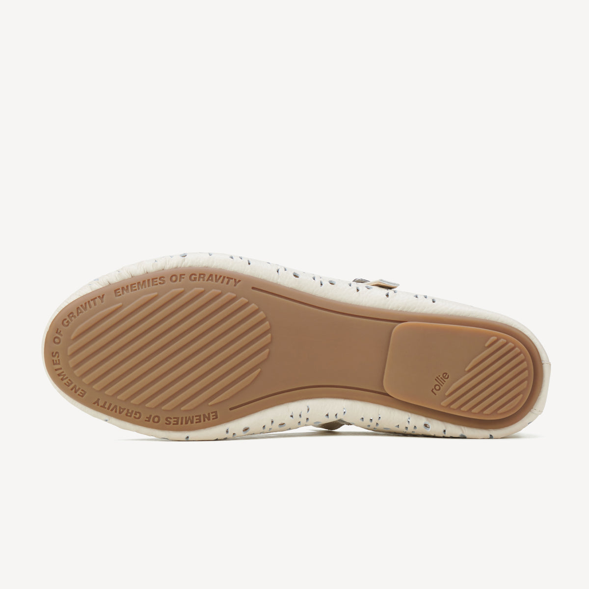Rollie Ballet Mary Jane Laser Bone — bone laser-cut leather Mary Jane ballet flat, worn and styled on-foot