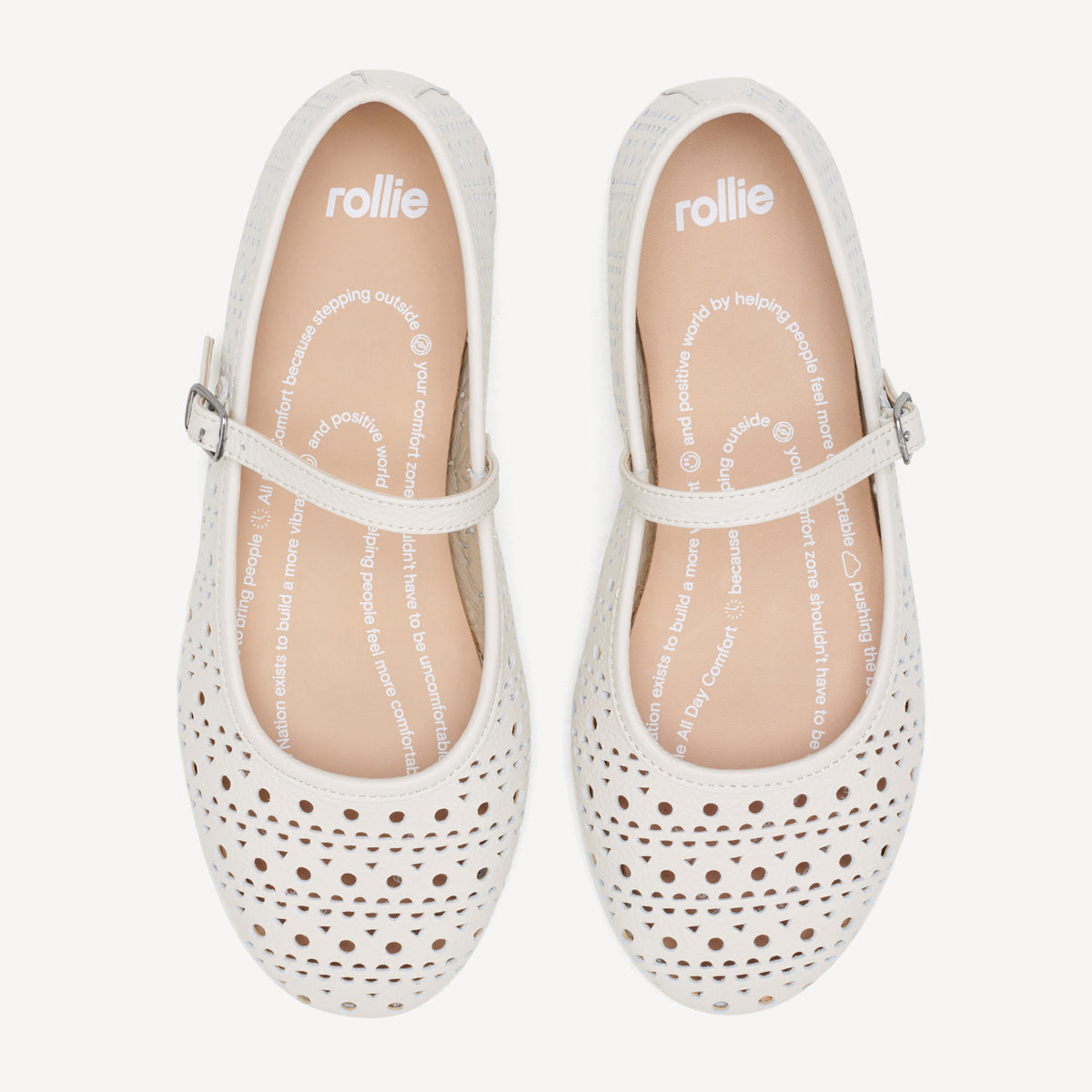 Rollie Ballet Mary Jane Laser Bone — bone laser-cut leather Mary Jane ballet flat, top-down view