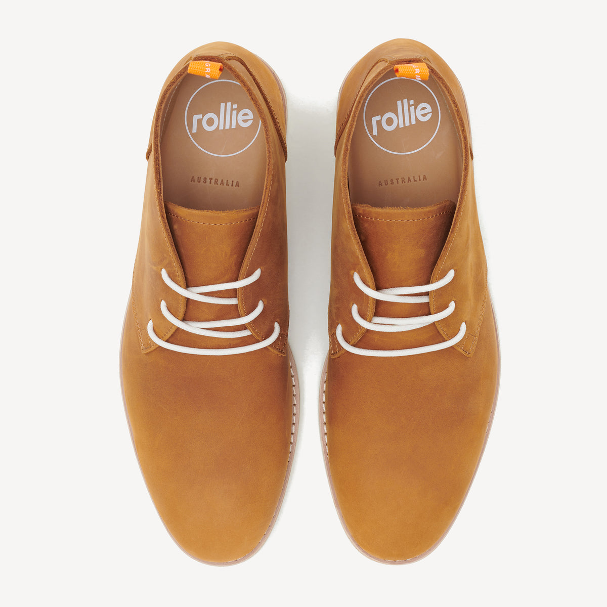 Rollie Chukka Mens Stack Cognac — men's boot, top-down view
