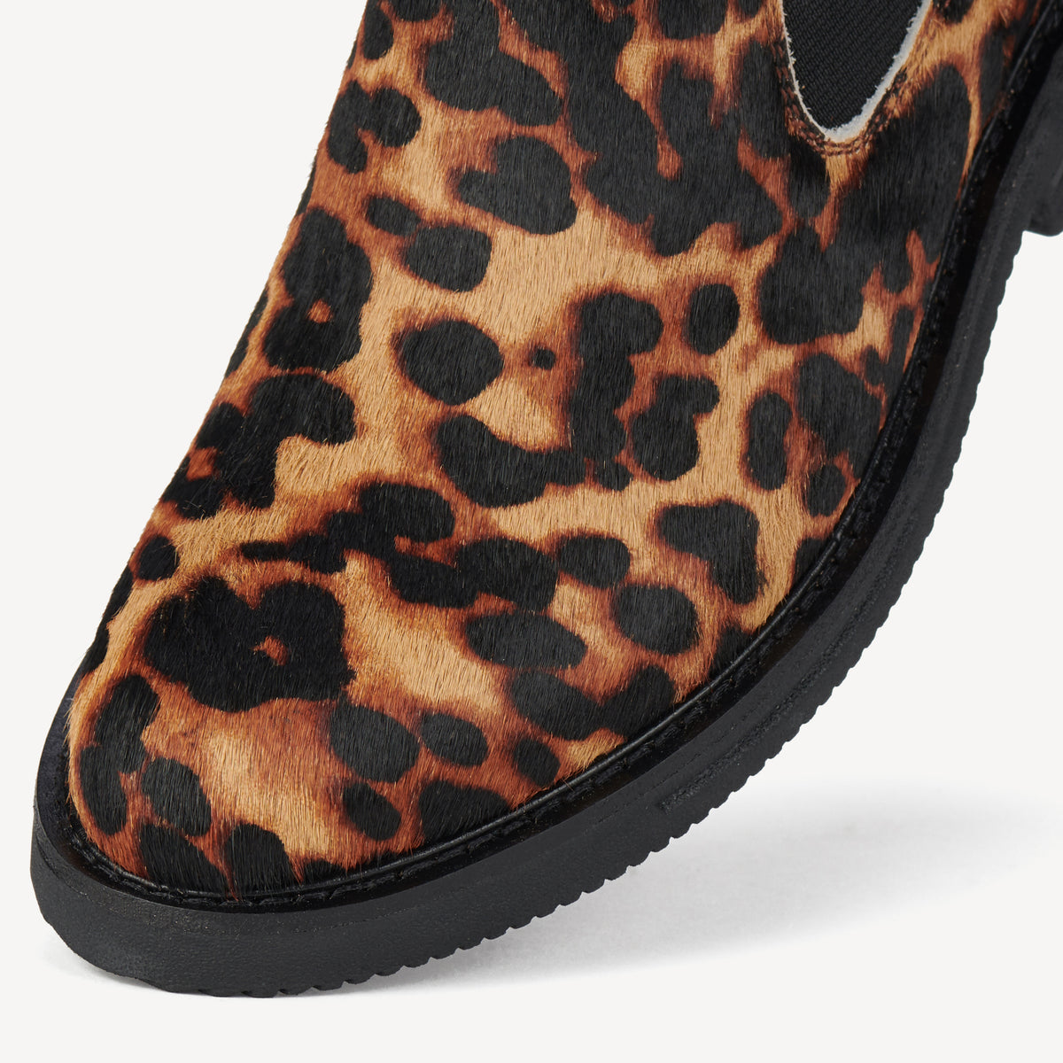 Rollie Chelsea Rise Dark Camel Leopard — women's boot, angled three-quarter view