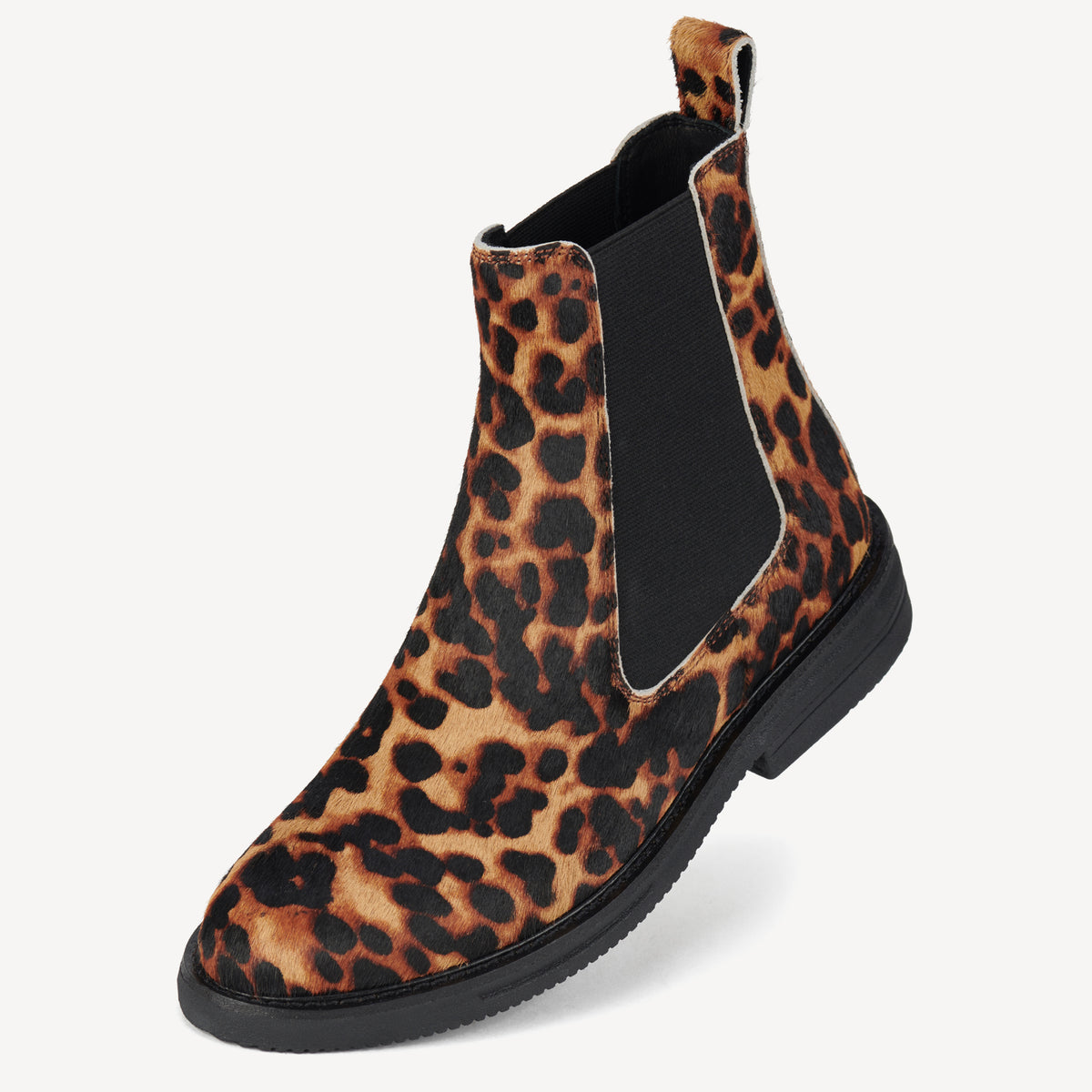 Rollie Chelsea Rise Dark Camel Leopard — women's boot, worn and styled on-foot