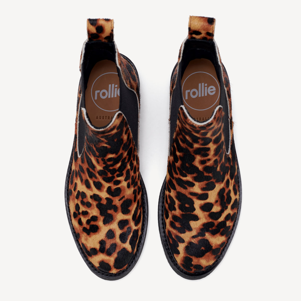 Rollie Chelsea Rise Dark Camel Leopard — women's boot, top-down view