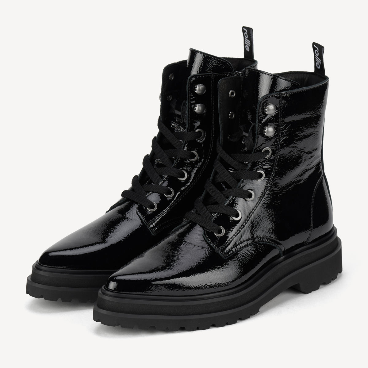 Rollie Pointed Sidezip Black Patent — women's boot, front view