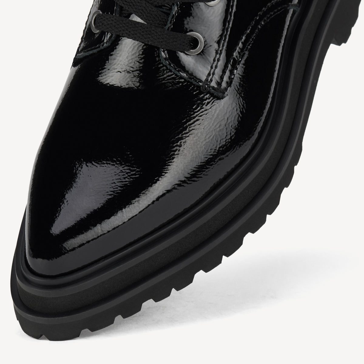 Rollie Pointed Sidezip Black Patent — women's boot, angled three-quarter view