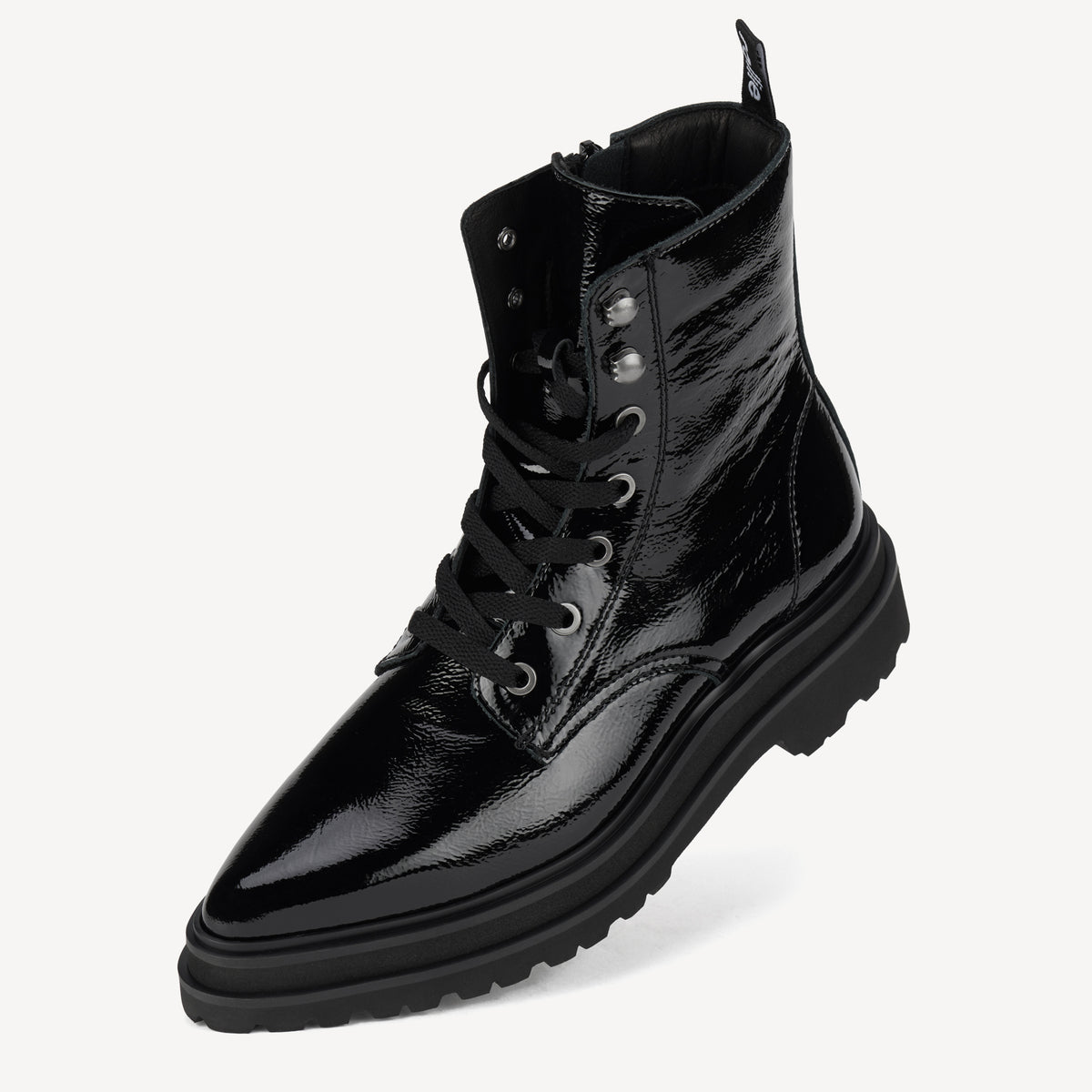 Rollie Pointed Sidezip Black Patent — women's boot, worn and styled on-foot
