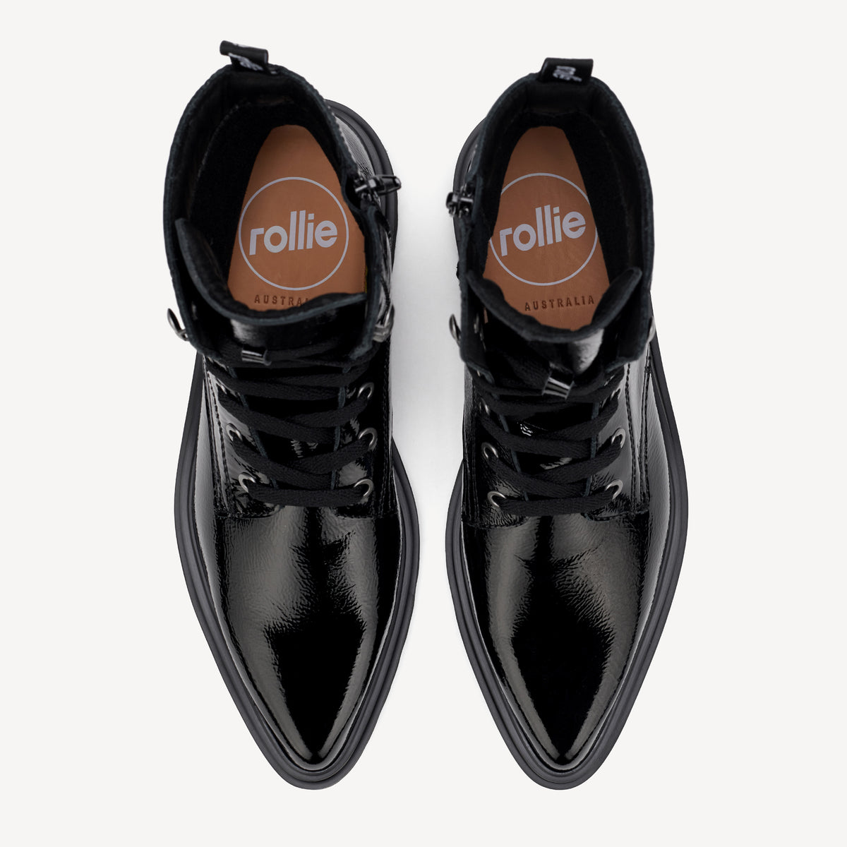 Rollie Pointed Sidezip Black Patent — women's boot, top-down view