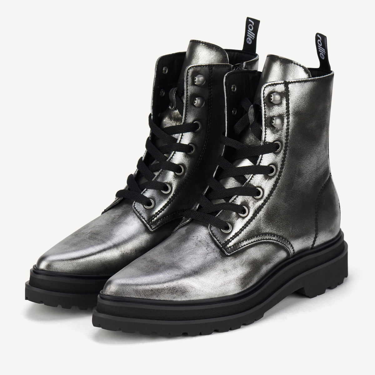 Rollie Pointed Sidezip Brushed Silver — women's boot, front view