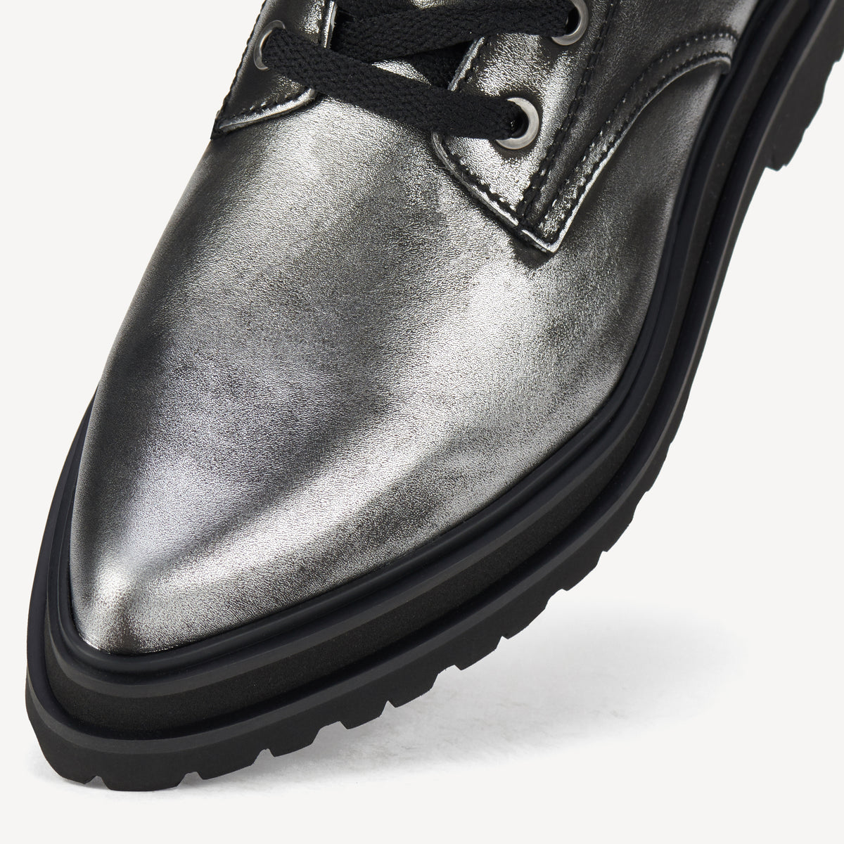 Rollie Pointed Sidezip Brushed Silver — women's boot, angled three-quarter view