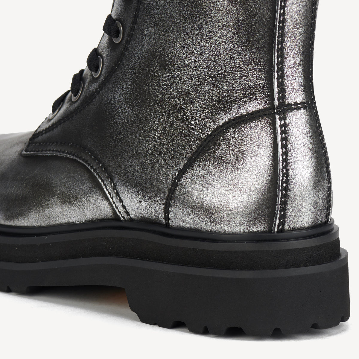 Rollie Pointed Sidezip Brushed Silver — women's boot, heel and back view