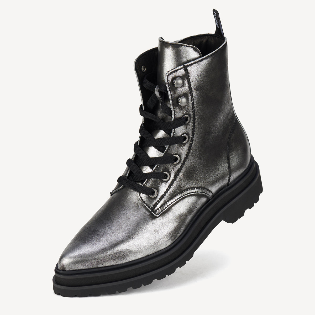 Rollie Pointed Sidezip Brushed Silver — women's boot, worn and styled on-foot