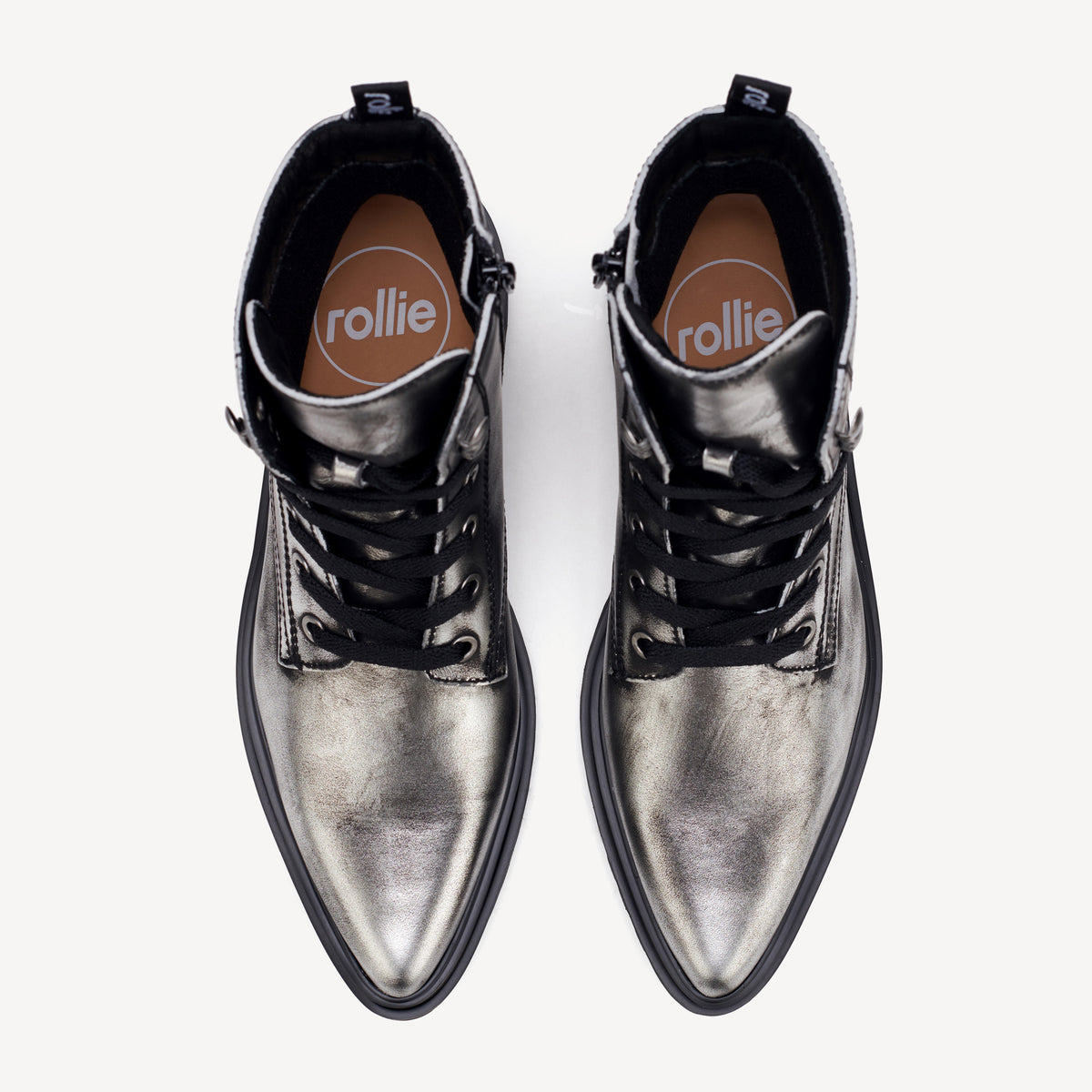 Rollie Pointed Sidezip Brushed Silver — women's boot, top-down view