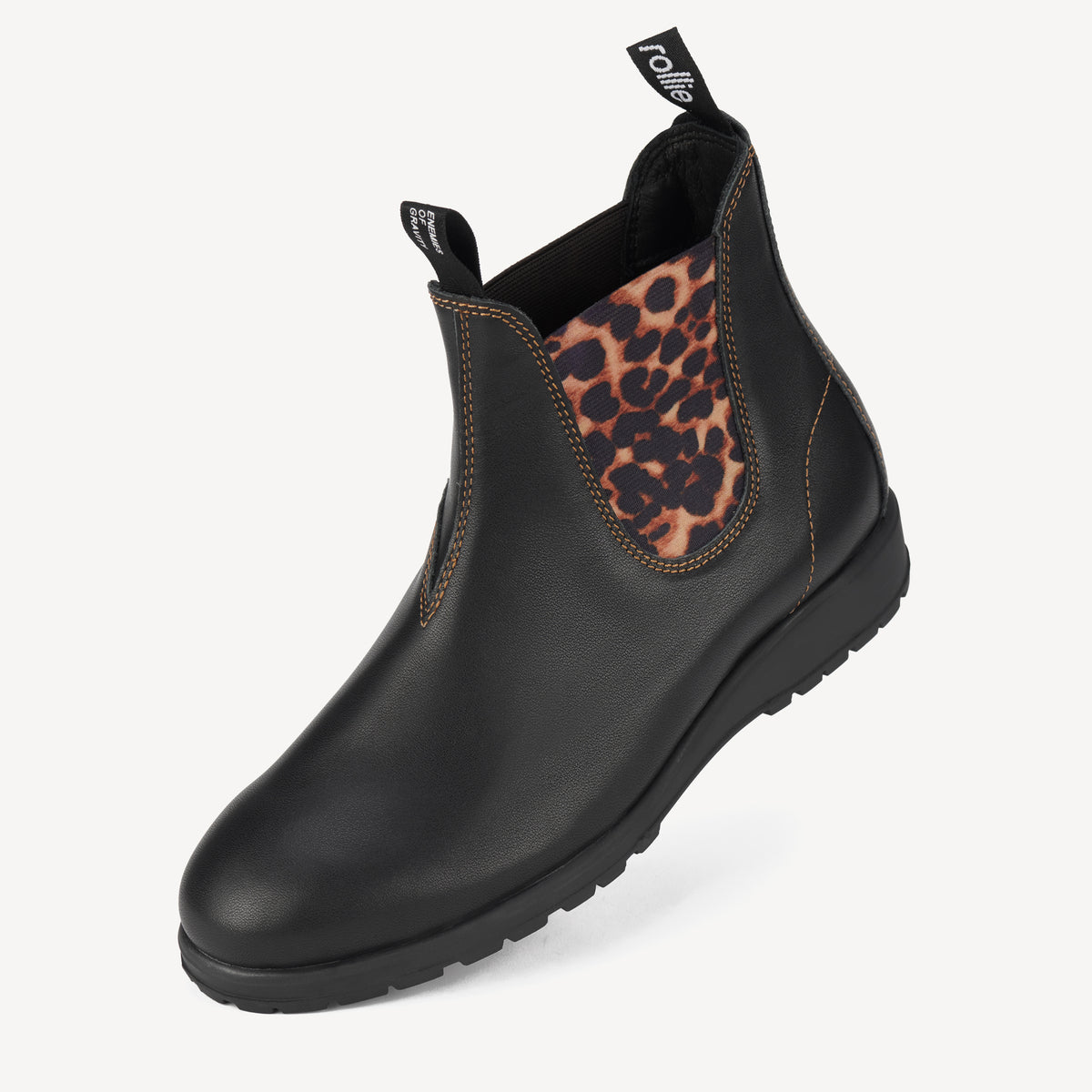 Rollie Fields Chelsea Black/Dark Camel Leopard — women's boot, worn and styled on-foot
