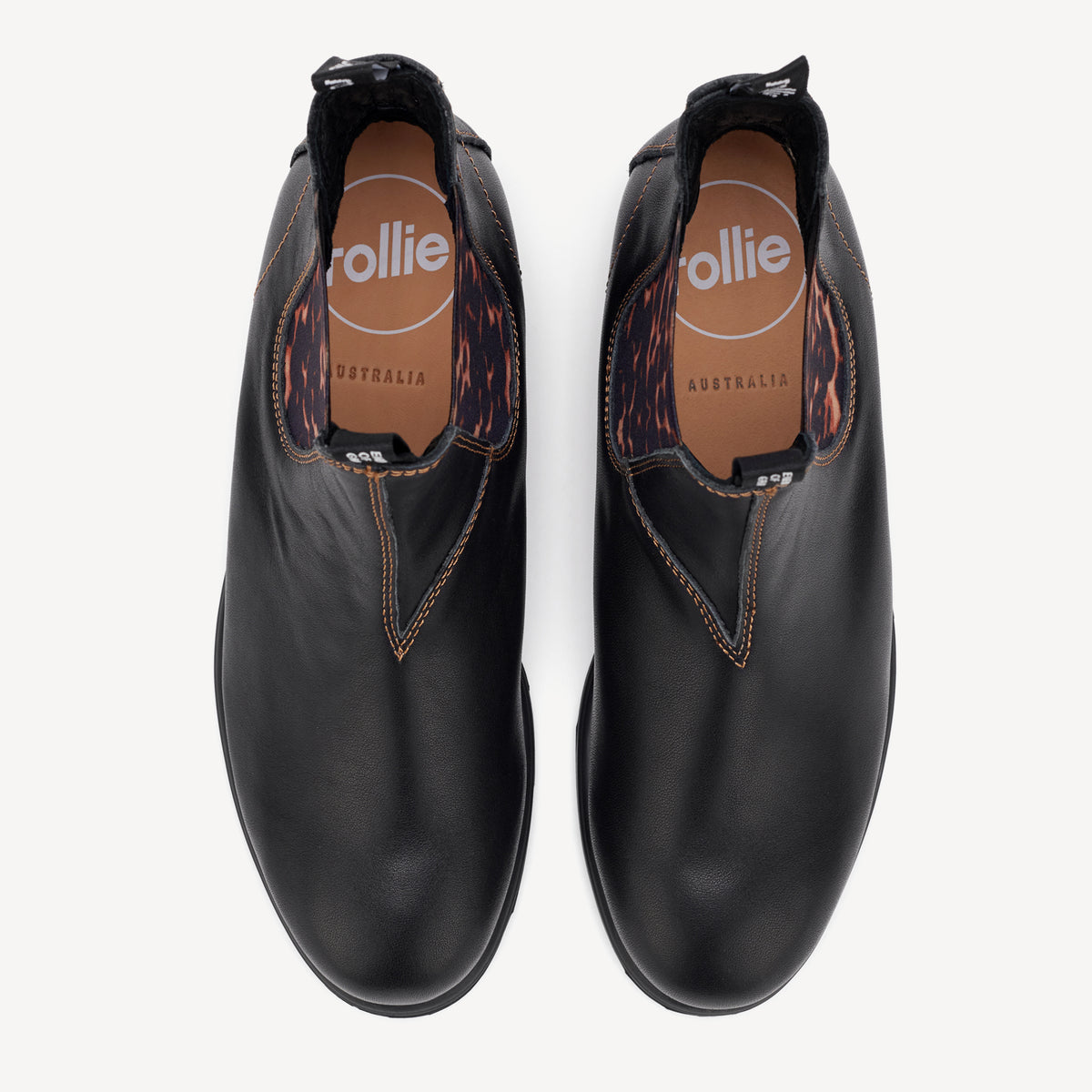 Rollie Fields Chelsea Black/Dark Camel Leopard — women's boot, top-down view