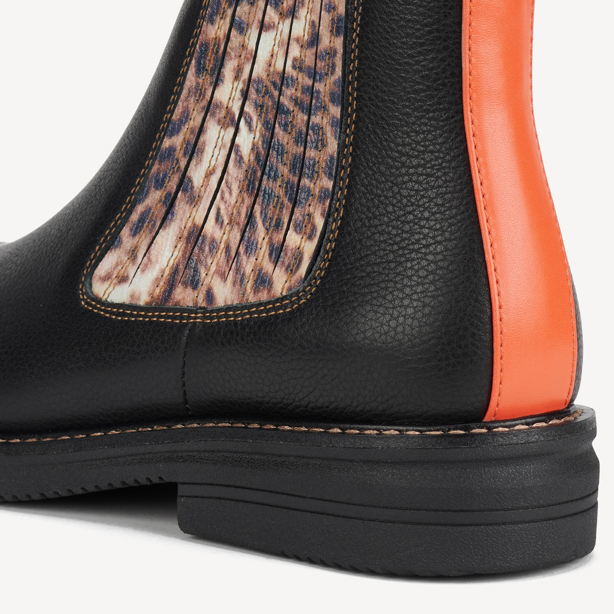 Rollie Rollie x Blunt Chelsea Rise WR Black/Leopard — women's boot, heel and back view