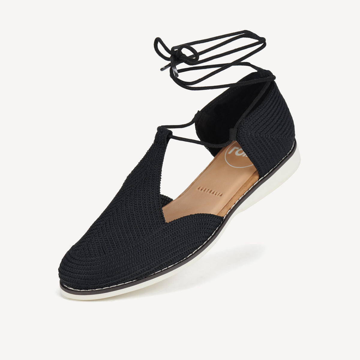 Rollie Sidecut T-Bar Weave Black — women's shoe, worn and styled on-foot