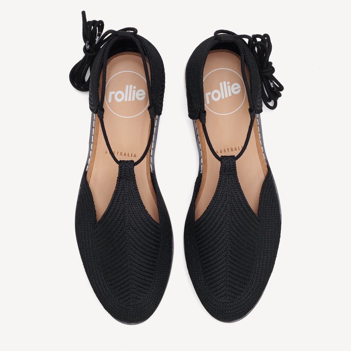 Rollie Sidecut T-Bar Weave Black — women's shoe, top-down view